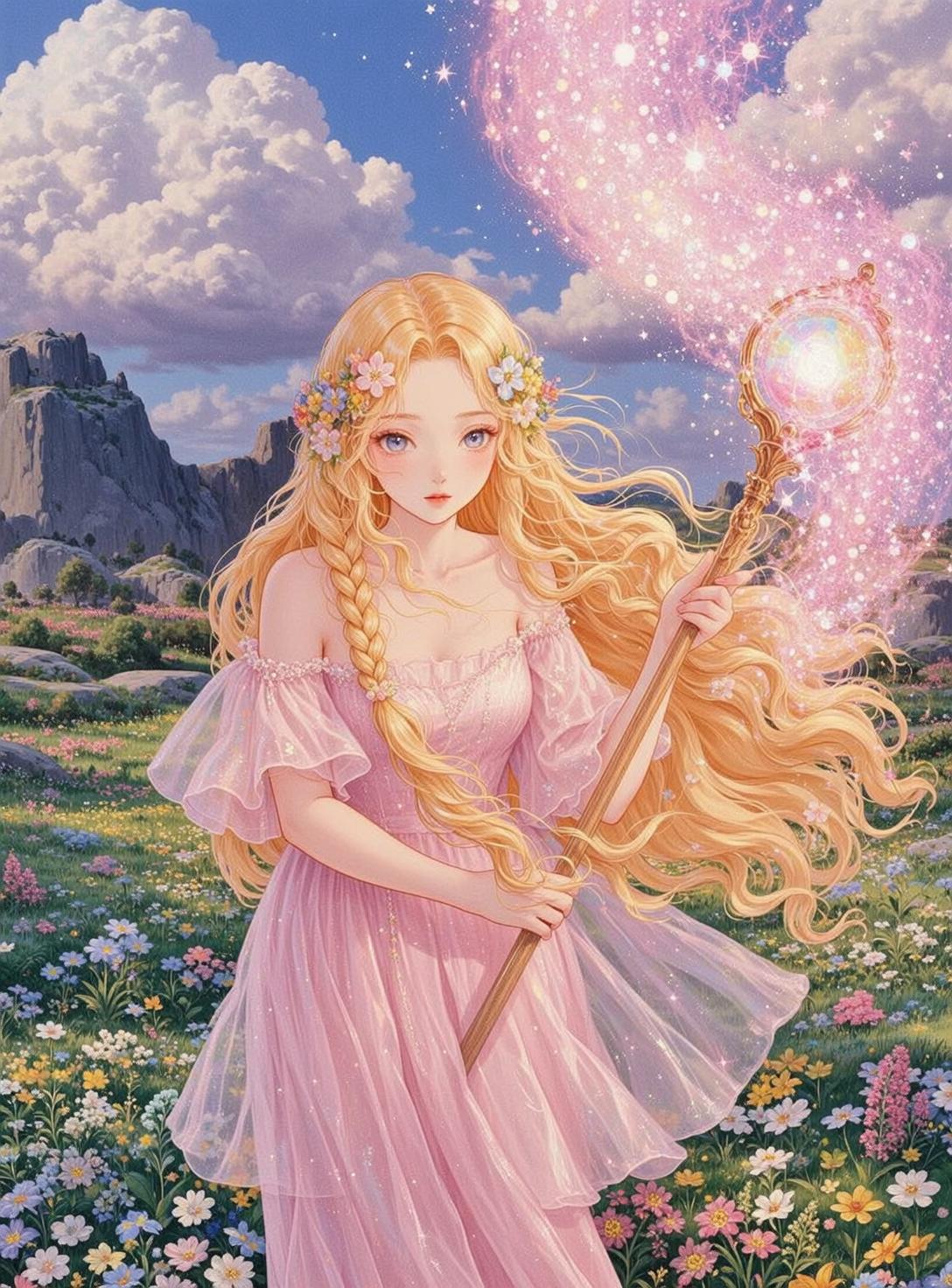 Blonde Fairy Pink Dress Wildflower Field Golden Staff