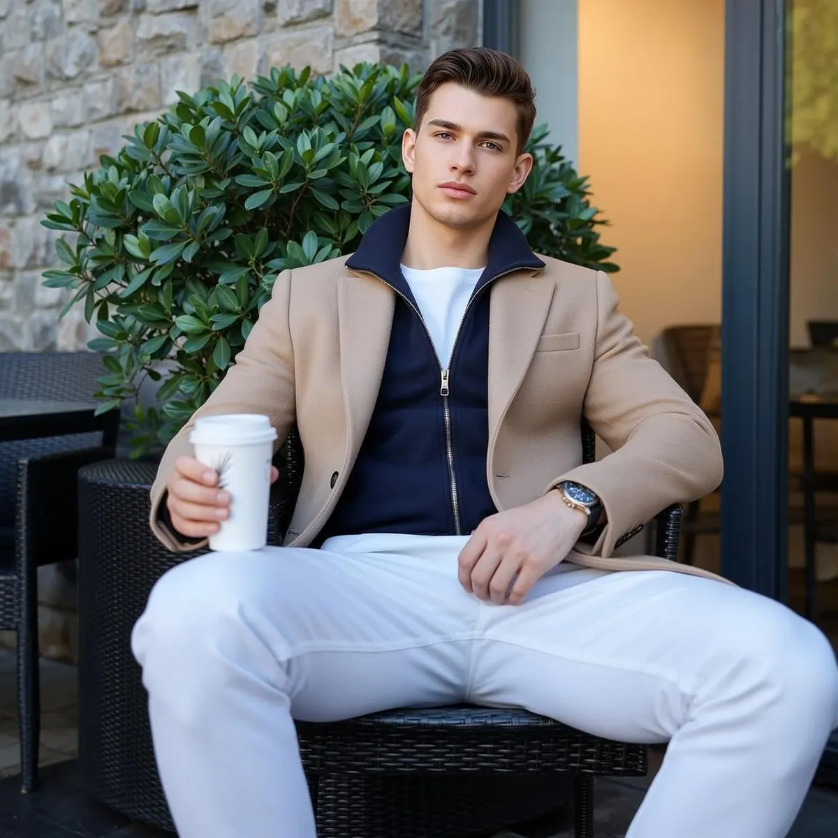 Man With Coffee Camel Coat Outdoors