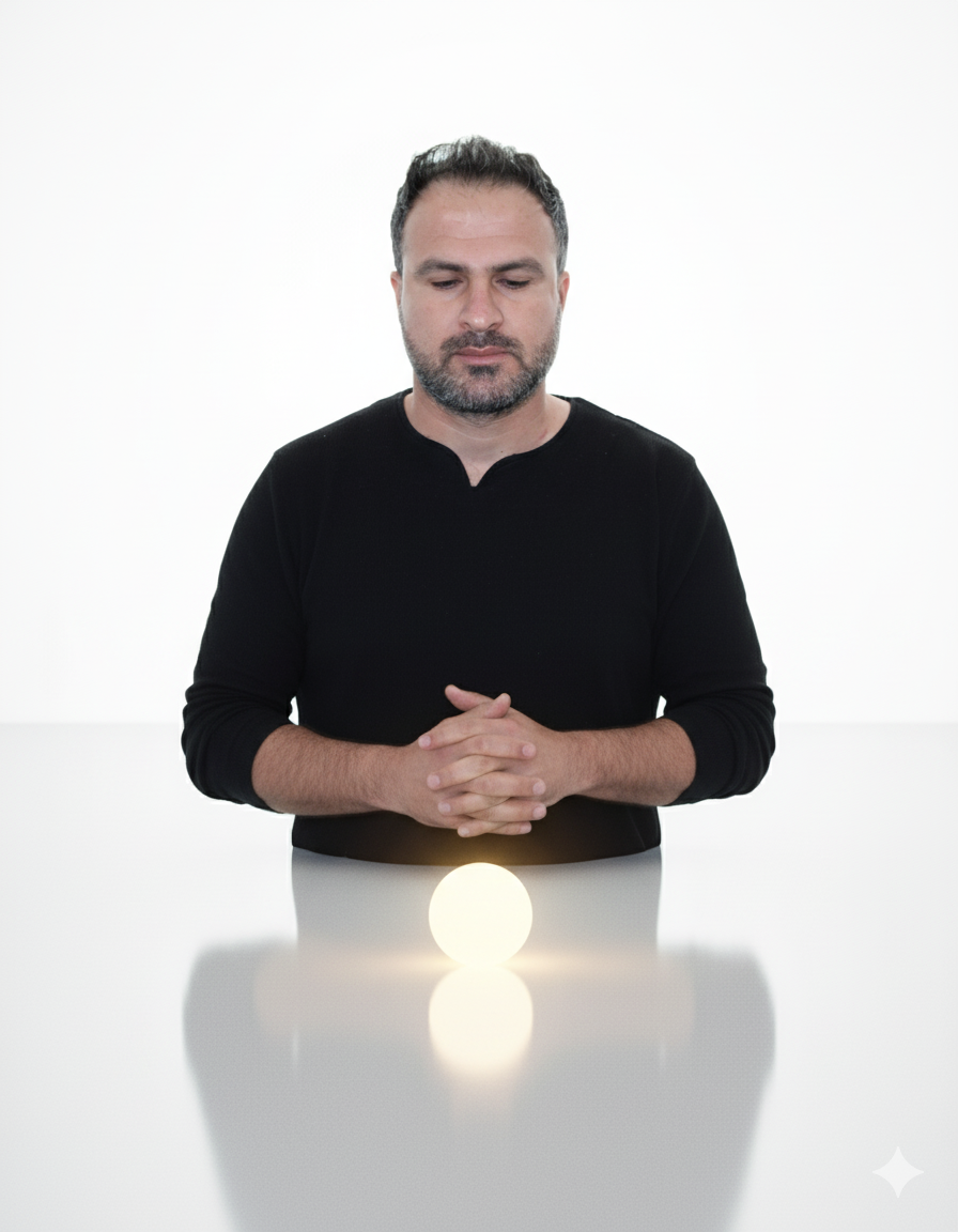A solitary figure in a vast white space, gazing at a glowing orb, embodying introspection and solitude with soft lighting.