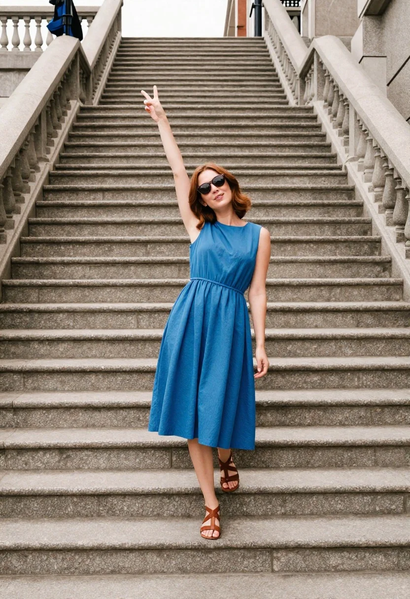 Woman Blue Dress Posing Playfully Wide Stone Staircase Outdoors Subject reference photo