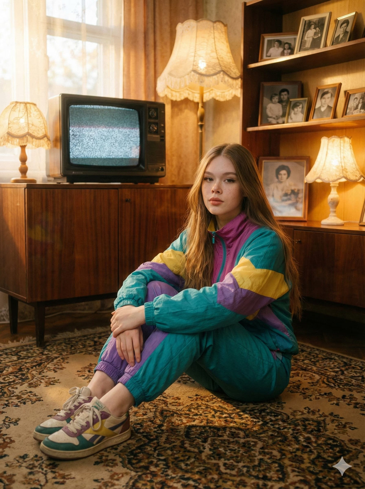 A person in a colorful retro tracksuit poses on a patterned carpet in a nostalgic 80s–90s living-room filled with vintage items.