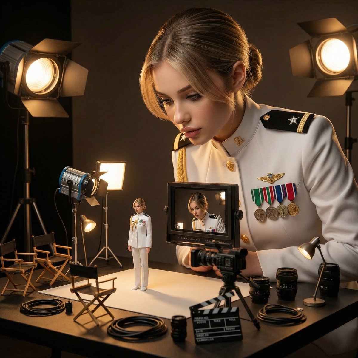 A woman checking a miniature monitor on a film set, showcasing identical features and expressions to her tiny self.