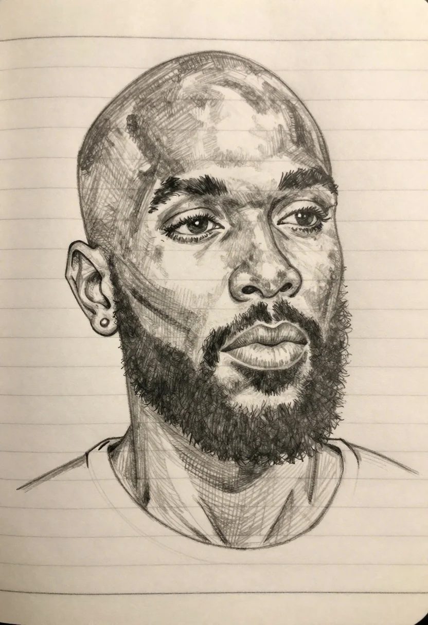 Pencil Sketch Lined Notebook Paper Bald Black Man With Thick reference photo