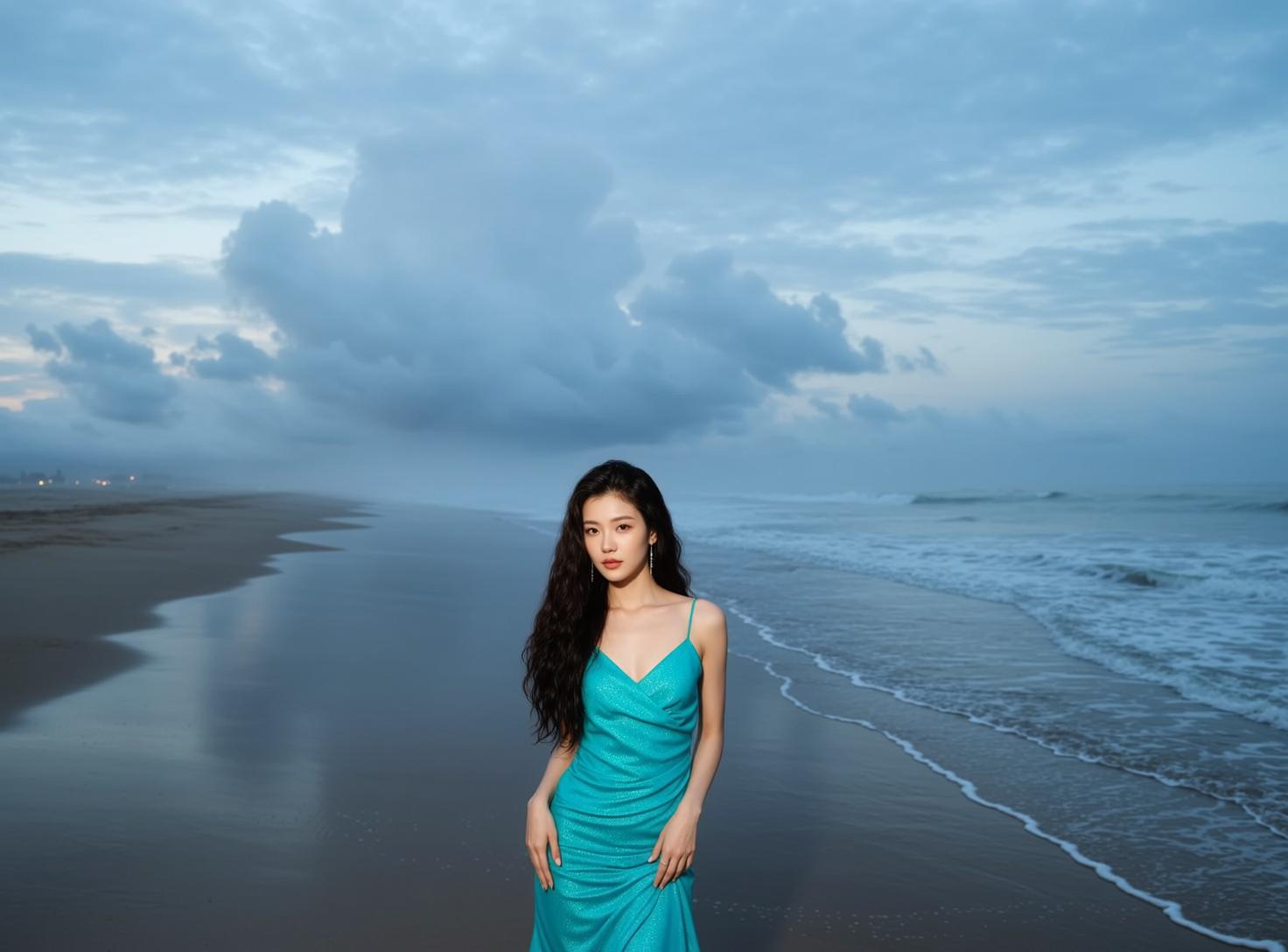 Turquoise Dress Wet Sand Beach