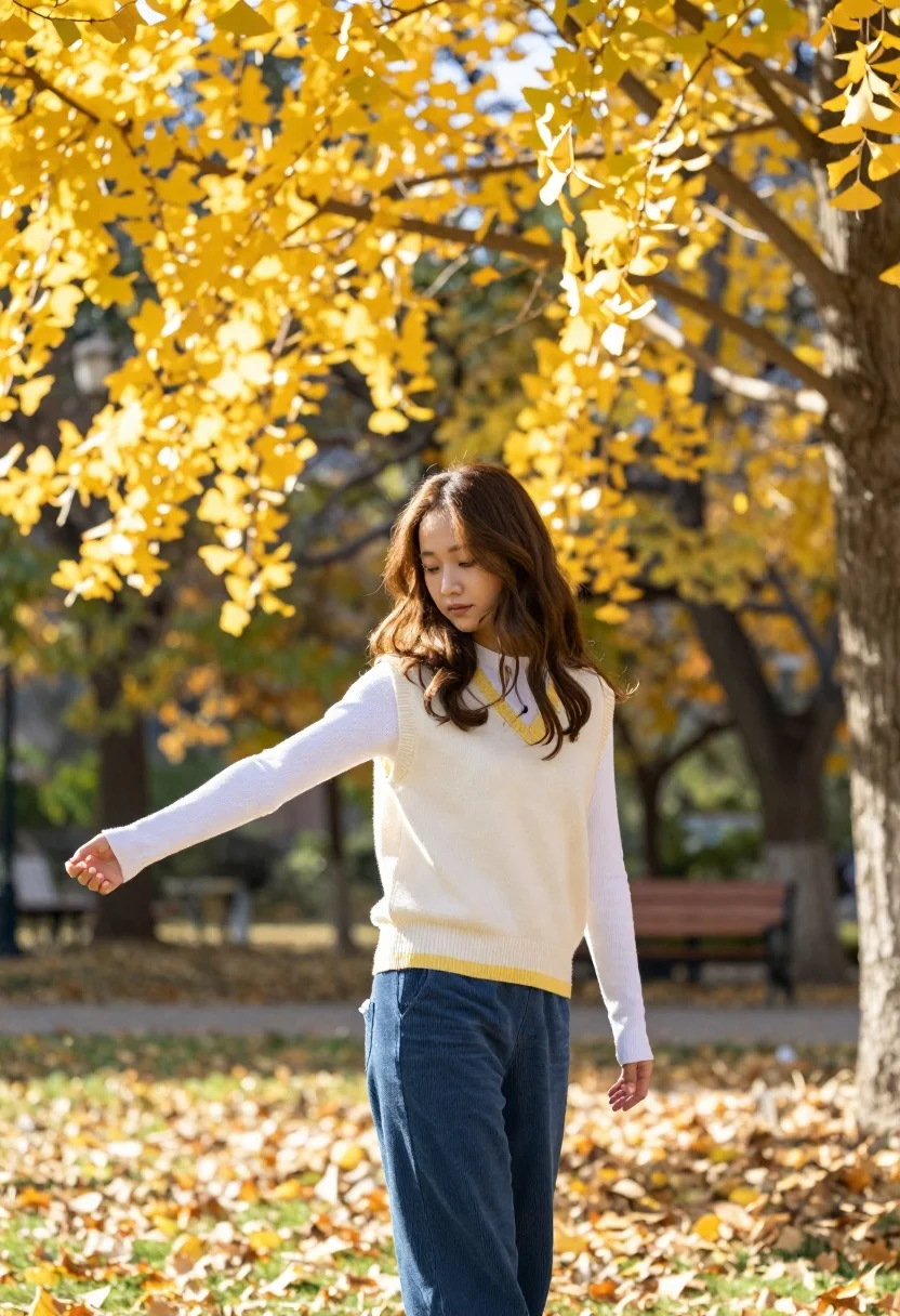 Woman Stands Sunlit Park With Autumn Foliage Her Body Angled reference photo