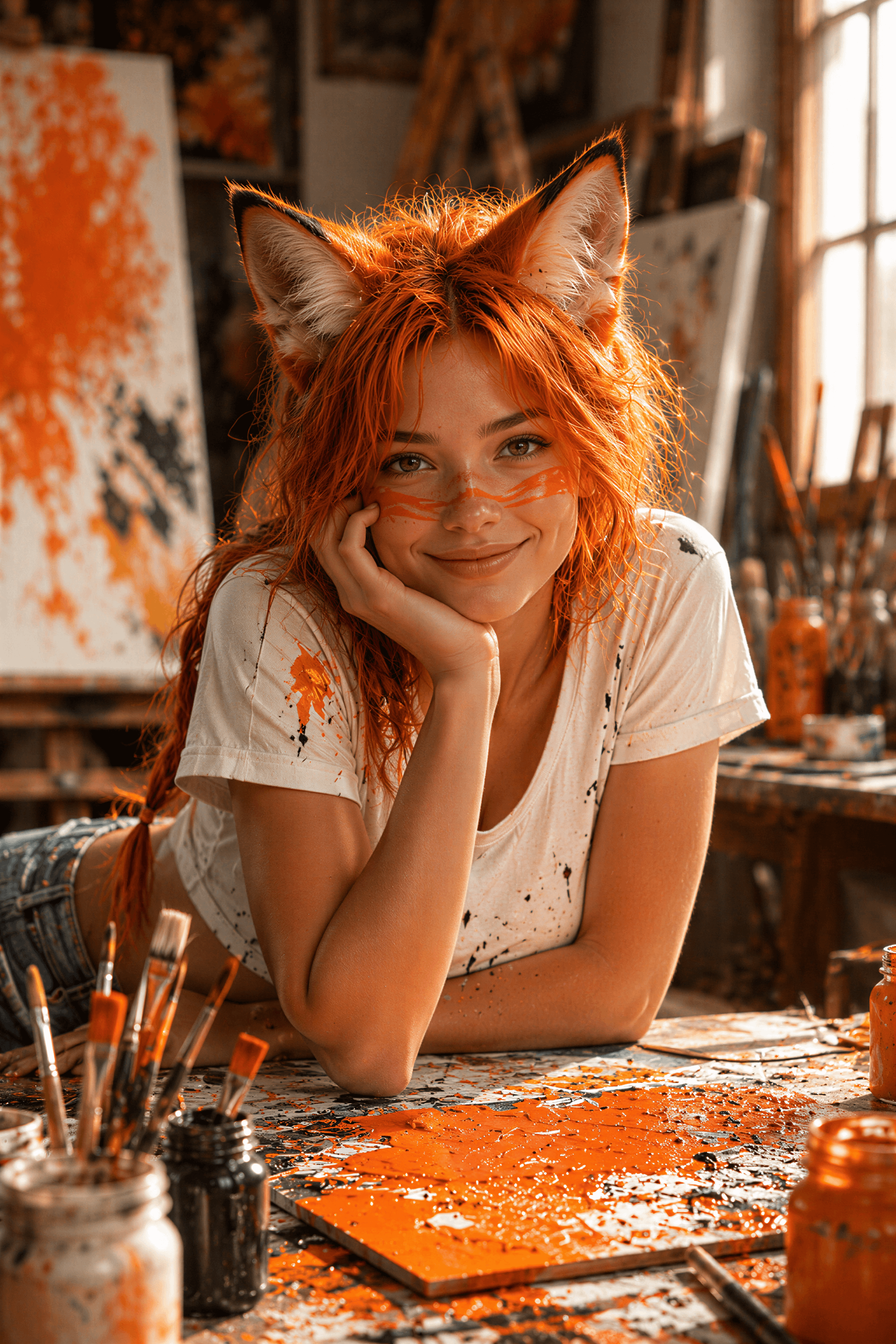 Fox Ears And Paint Splatters Artist Studio