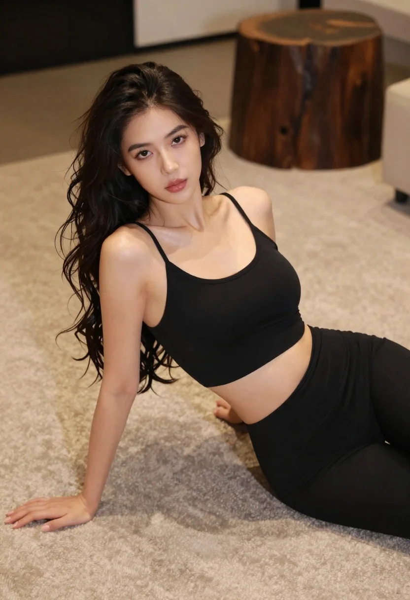 Woman With Long Dark Wavy Hair Posing Light-colored Carpet Indoor reference photo
