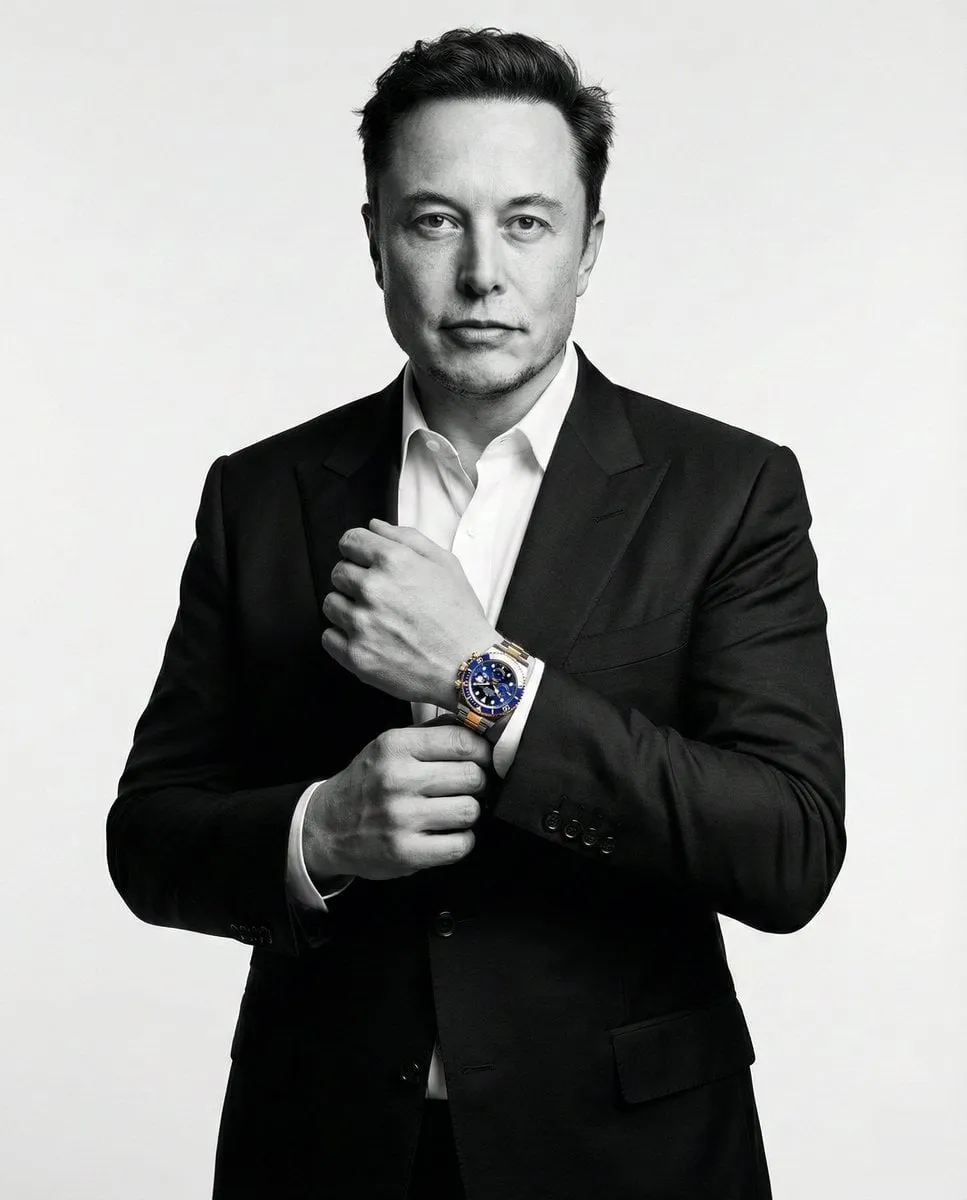 Elon Musk In Luxury Suit Adjusting Wristwatch Studio