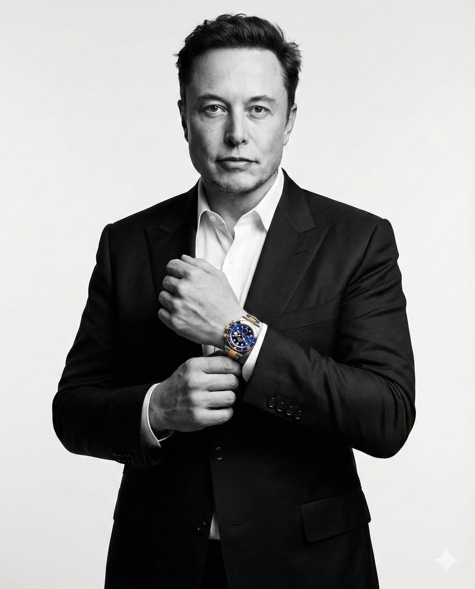 Elon Musk In Luxury Suit Adjusting Wristwatch Studio