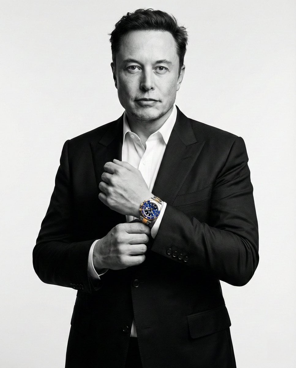 Elon Musk adjusting a luxury wristwatch while wearing a tailored black suit in a clean studio backdrop