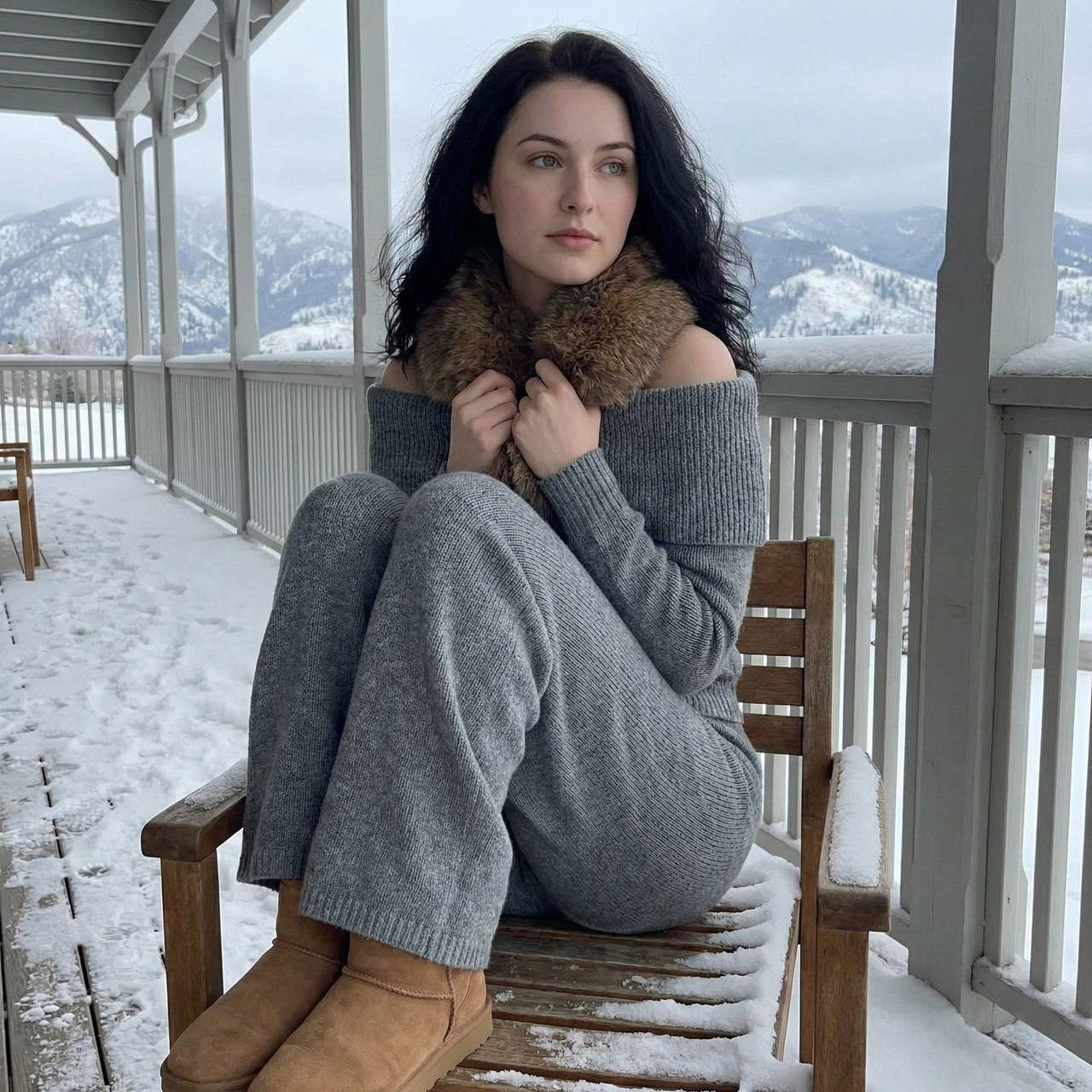 A woman seated on a chair covered with fresh snow, looking contemplative in a winter setting with snow-covered mountains in the background.