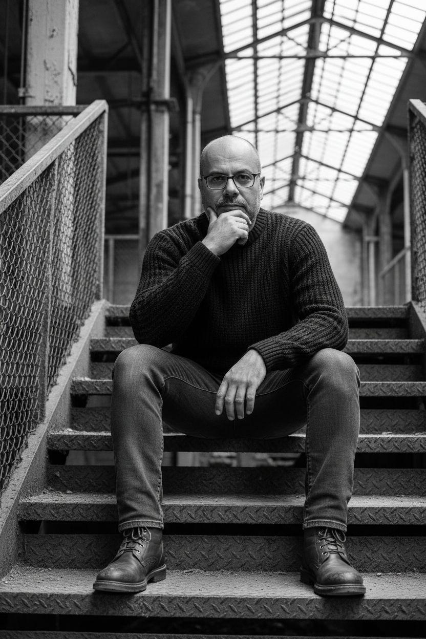 A ruggedly handsome man sitting on a staircase in an industrial building, lost in contemplation, dressed in a cozy sweater and jeans.