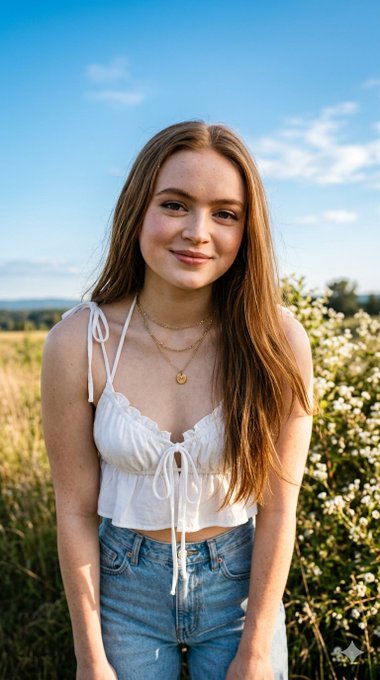 Portrait of a woman in a white crop top and denim, standing in a golden field at sunset with wildflowers.