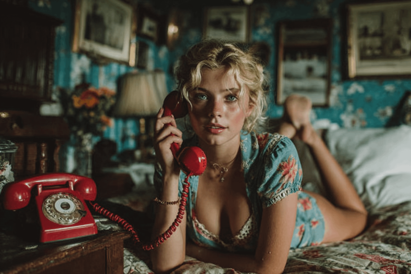 Blue Floral Blouse Holding Red Rotary Phone