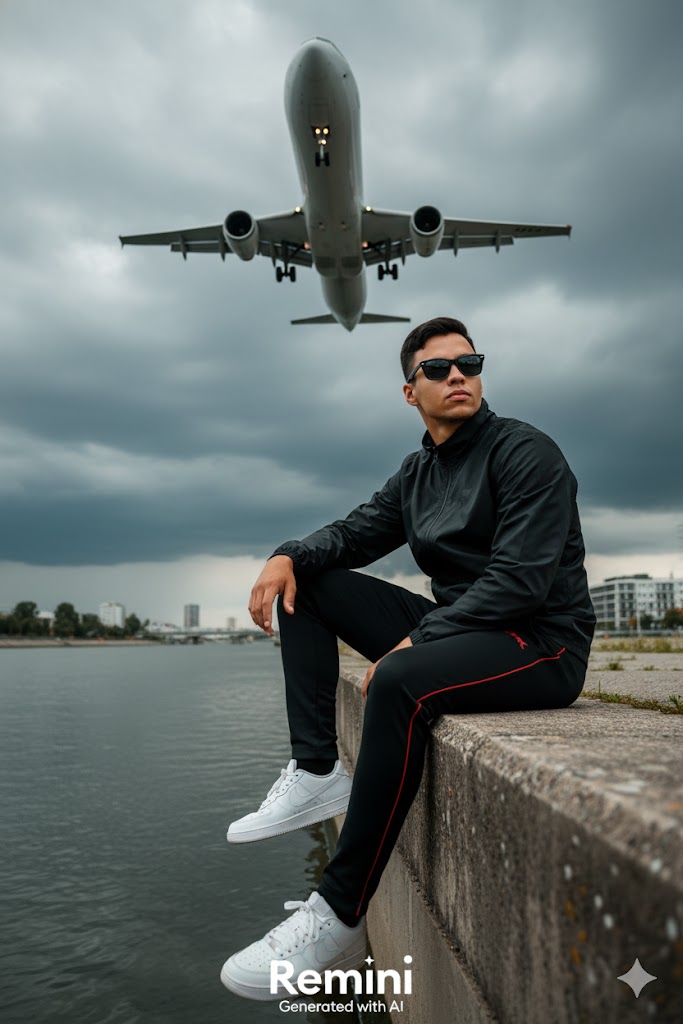 A man seated calmly near a stormy airport runway, airplane flying overhead, wearing a black jacket and striped pants, sunglasses reflecting light.