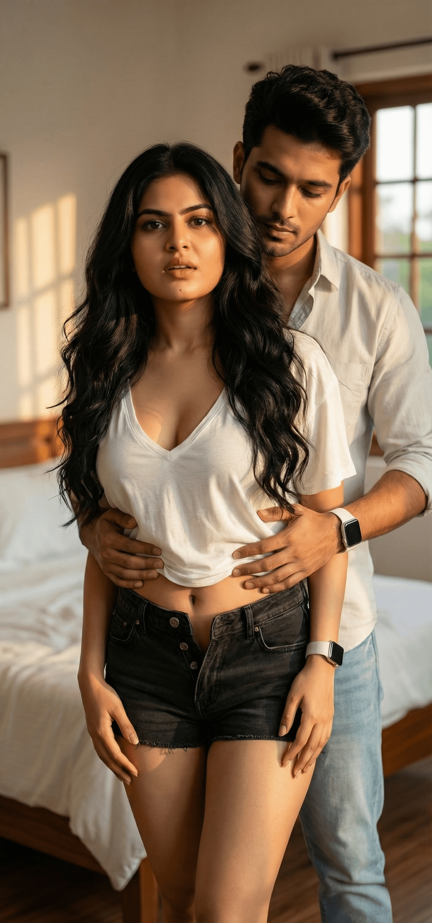 A couple embracing in a sunlit bedroom, one in a white tee and black shorts, the other in a beige shirt and blue jeans.