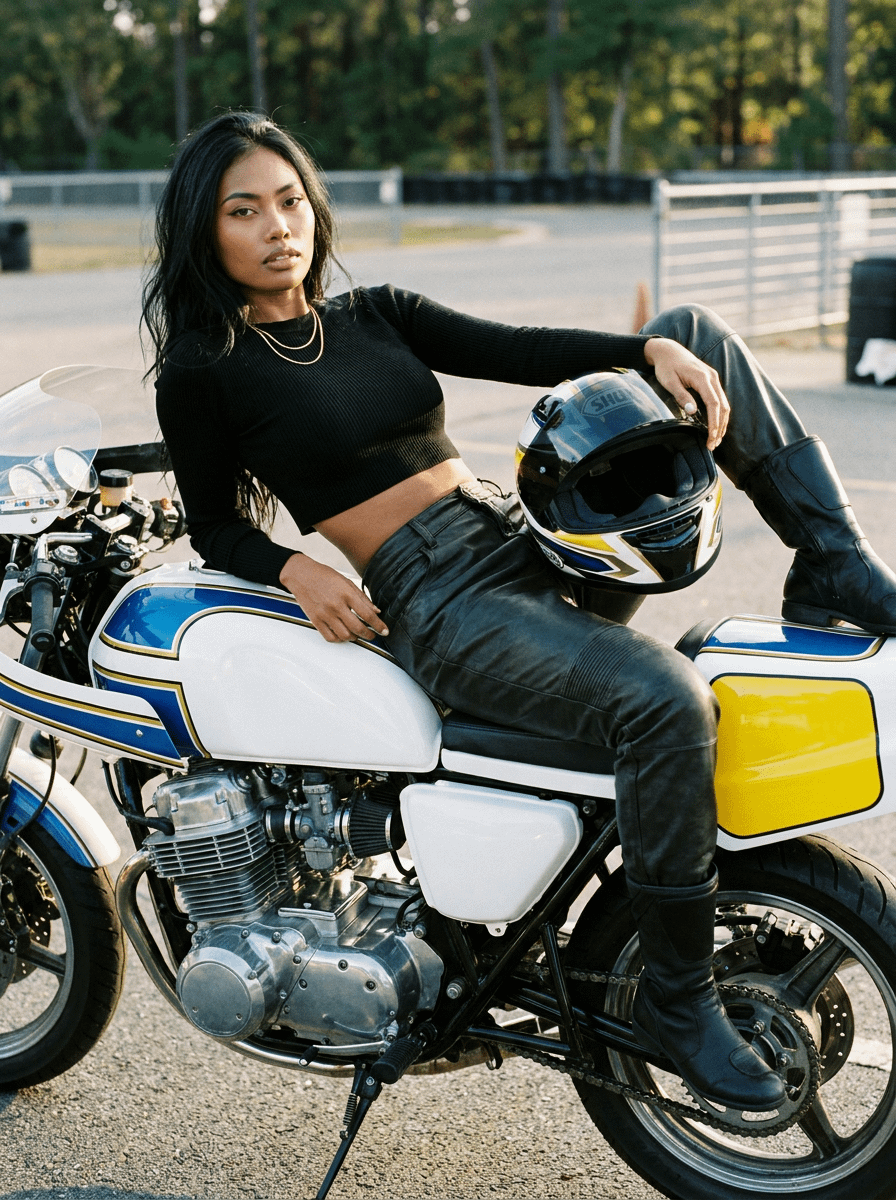 Vintage Motorcycle Fashion Portrait Calm Attitude Reclined Pose