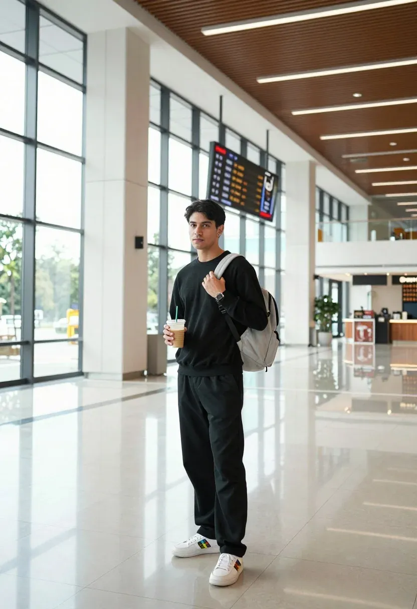 Full-length Photograph Man Standing Modern Indoor Space With Large Glass