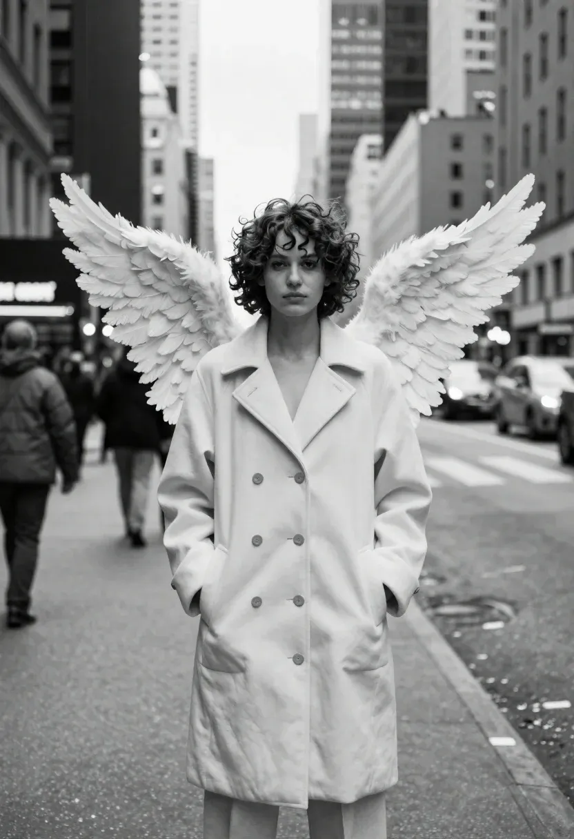 Woman With Curly Hair Stands The Middle Busy City Street