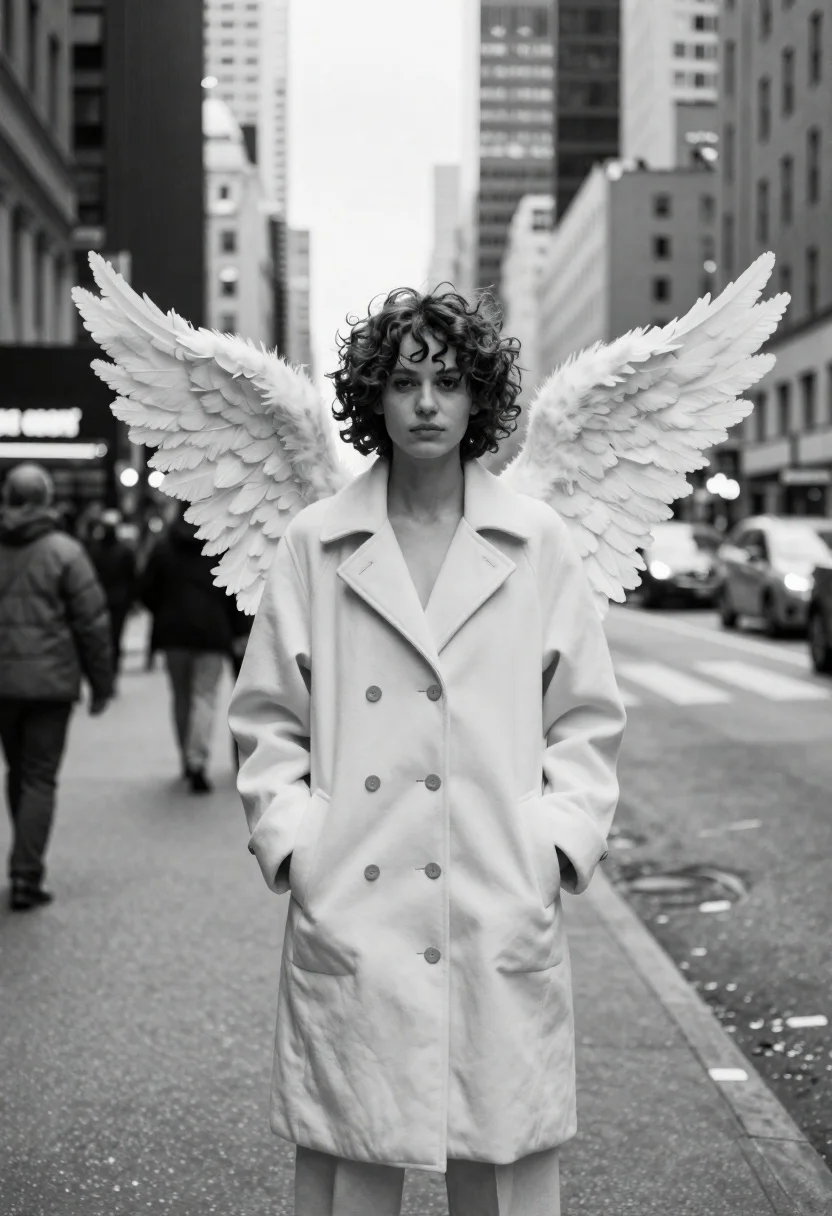 Woman With Curly Hair Stands The Middle Busy City Street reference photo