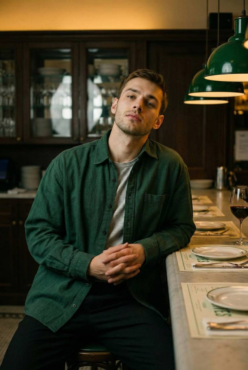 A man sitting at a bar in a warm-toned restaurant, wearing a green shirt with a relaxed posture and a glass of wine.