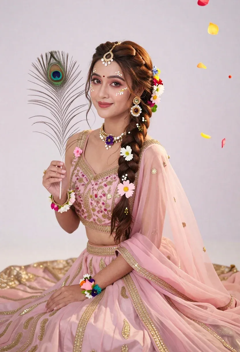 Young Woman Sits Gracefully Soft Pink Traditional Gown Adorned With