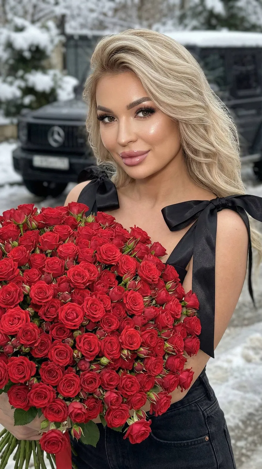 Soft Makeup With Red Roses By A Black Car