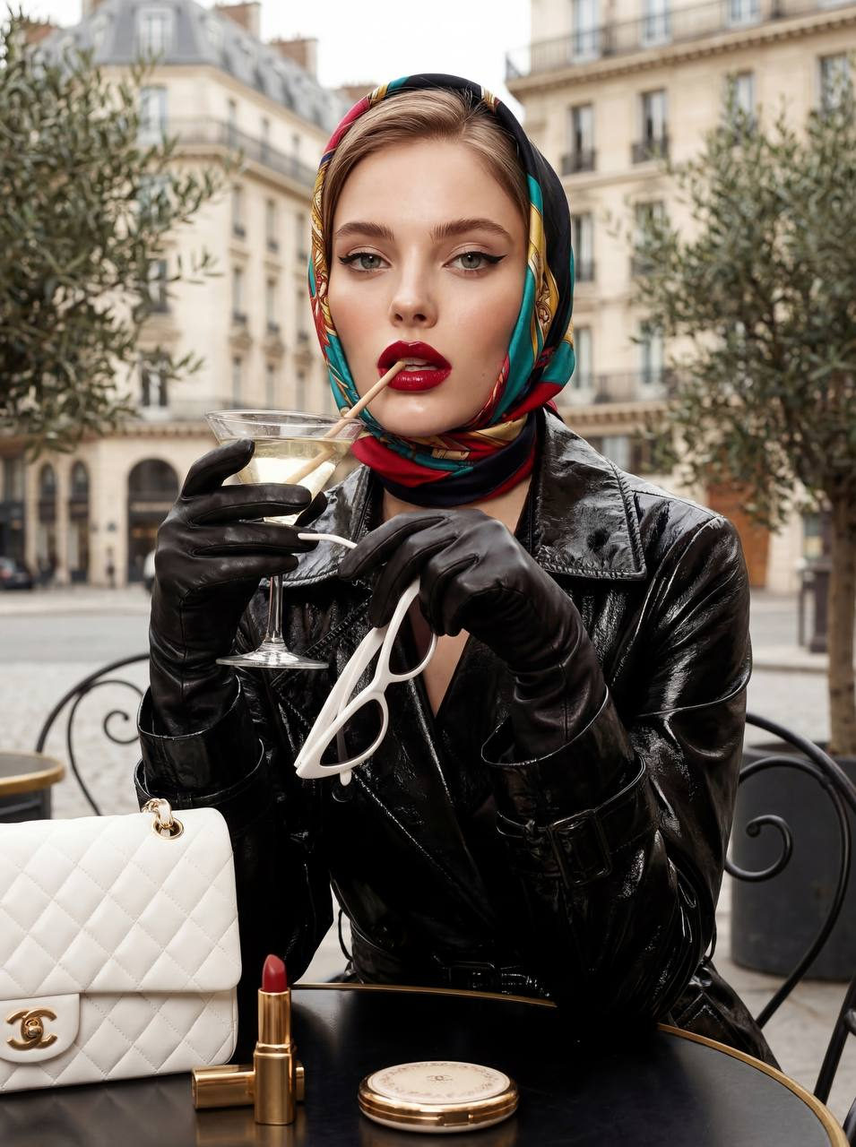 A glamorous woman at a chic outdoor café with elegant decor, wearing a luxurious black trench coat and holding a cocktail glass.