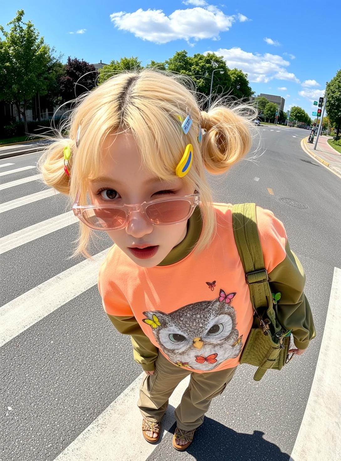 Fisheye Young Blonde Two Buns Colorful Hair