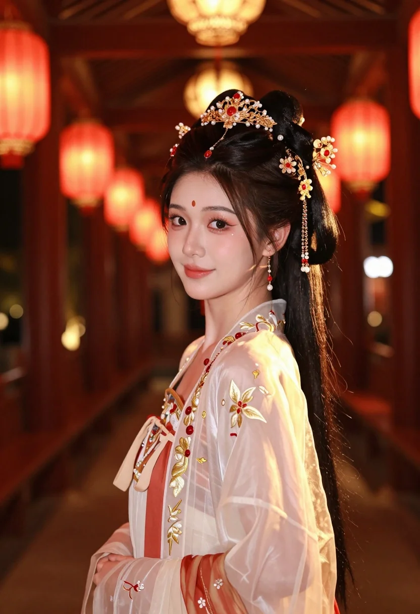 Young Woman With Long Dark Hair Styled Elaborate Updo Adorned