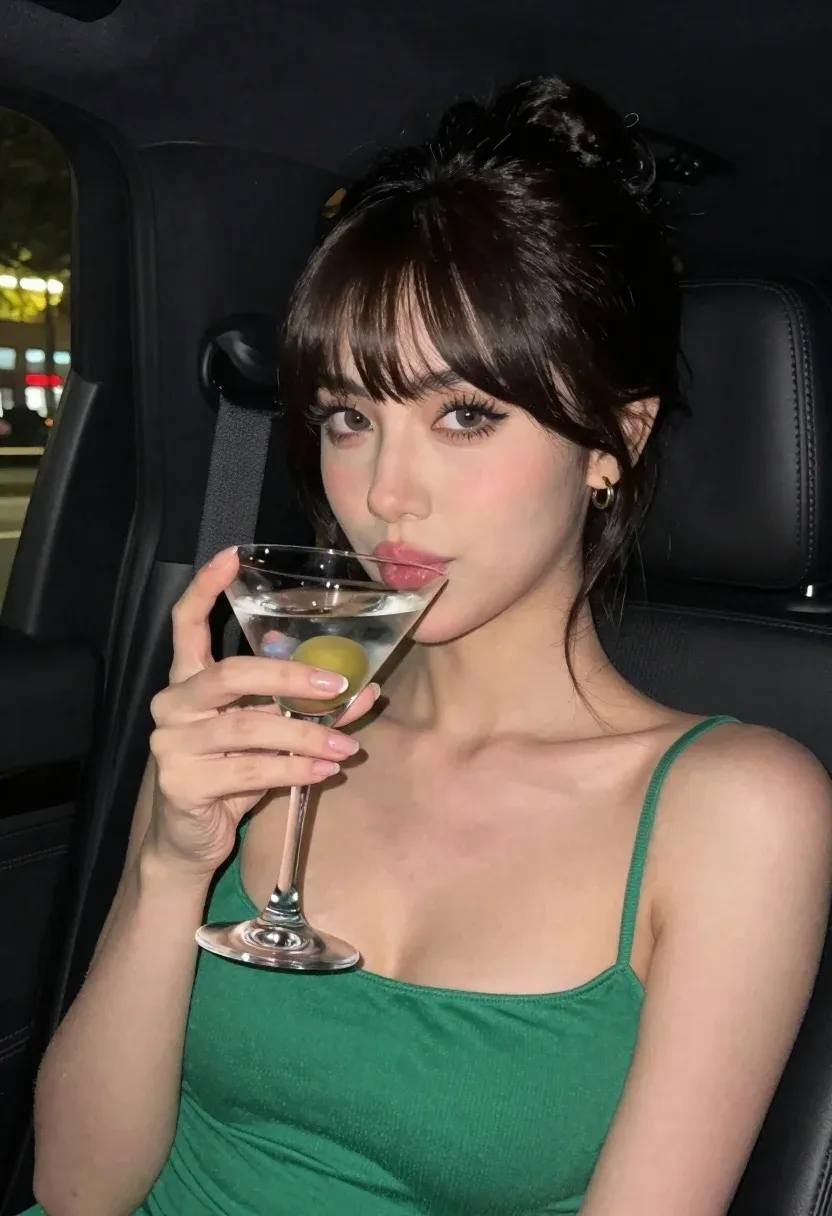Glamorous Woman With Dark Hair Sits Inside Car Night Holding