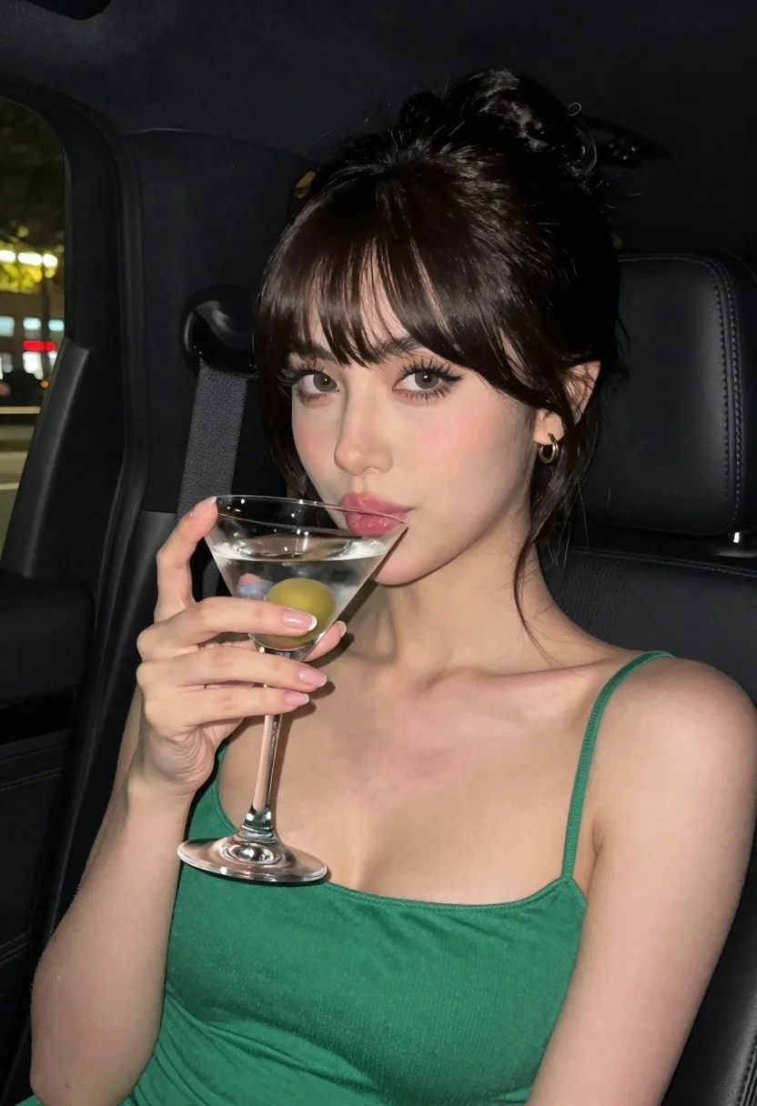 Glamorous Woman With Dark Hair Sits Inside Car Night Holding