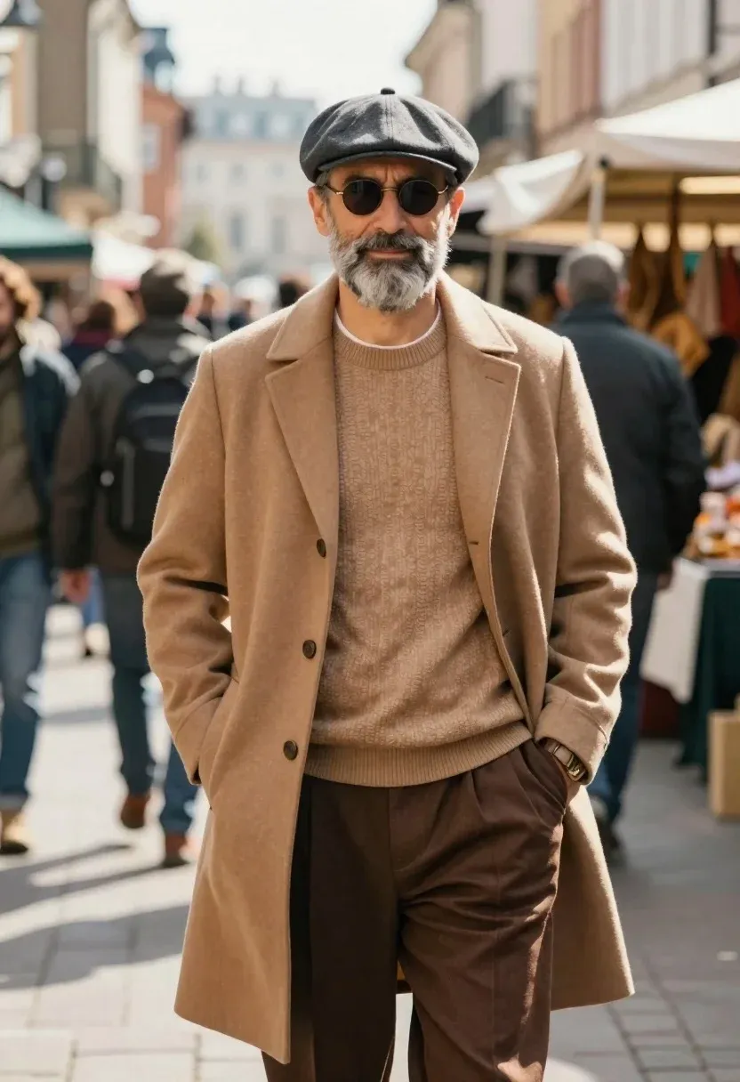 Stylish Middle-aged Man With Full Grey Beard Stands Confidently The