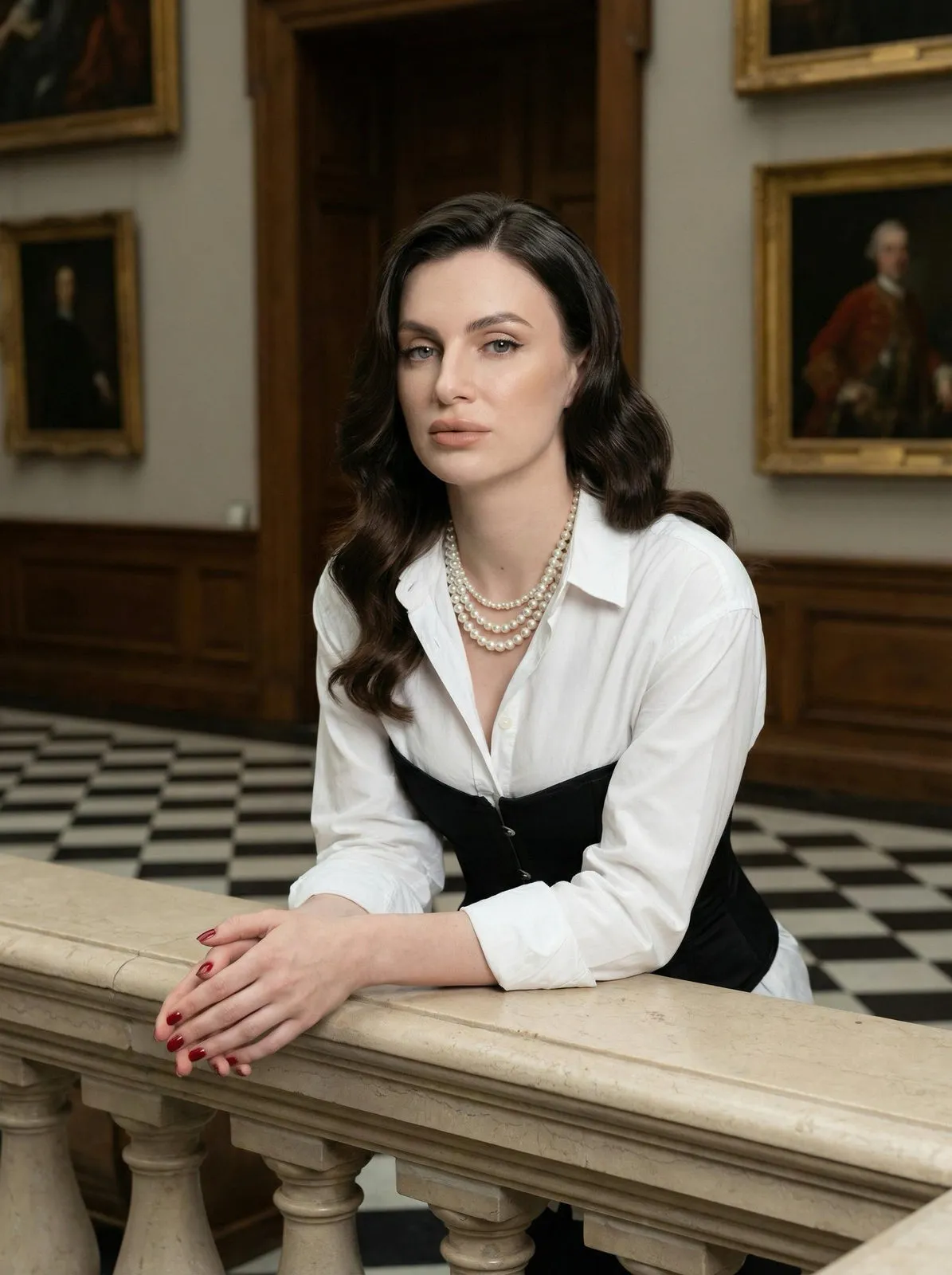 Realistic Museum Portrait Woman Balustrade