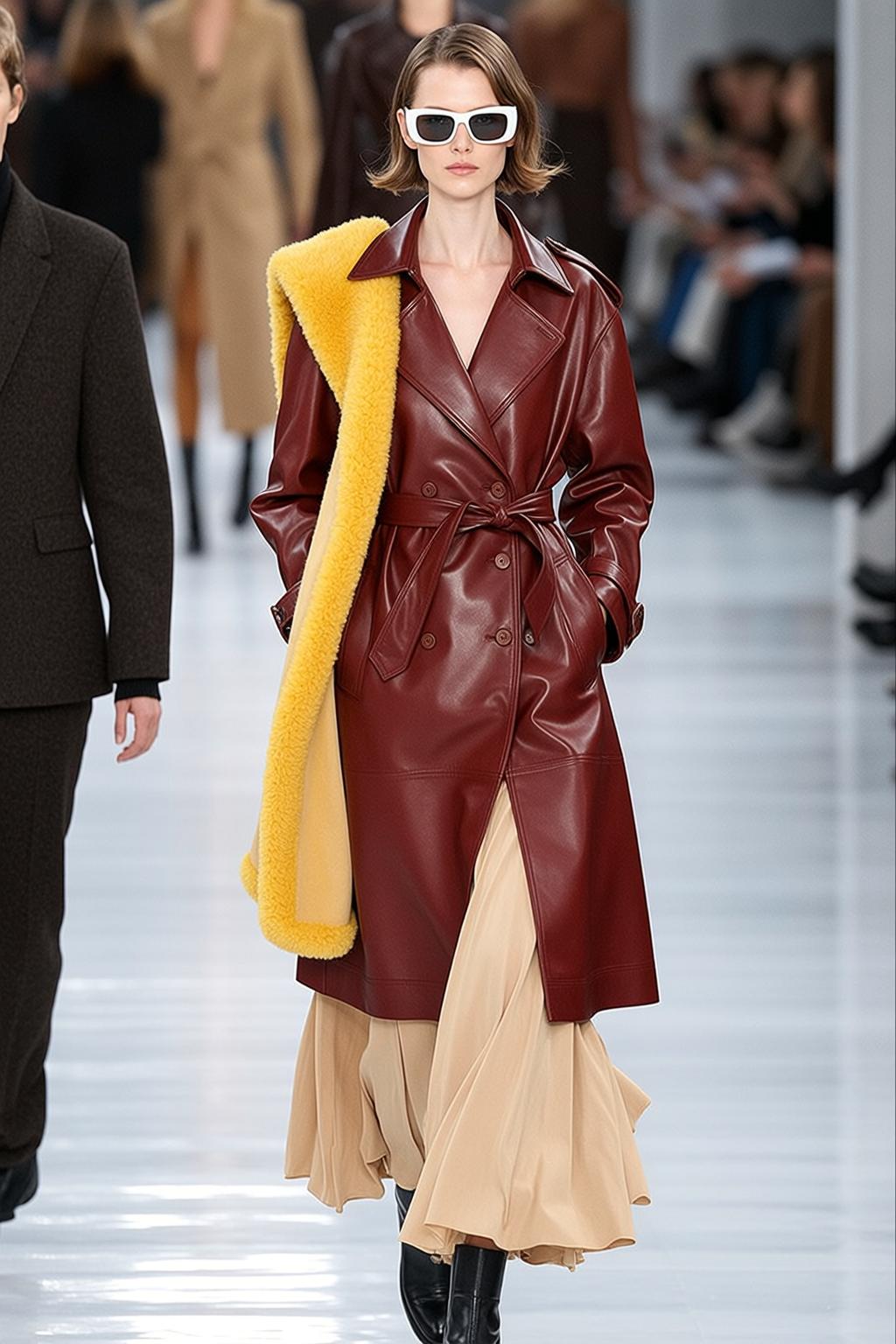 Burgundy Leather Trench Coat Runway Walk White Floor