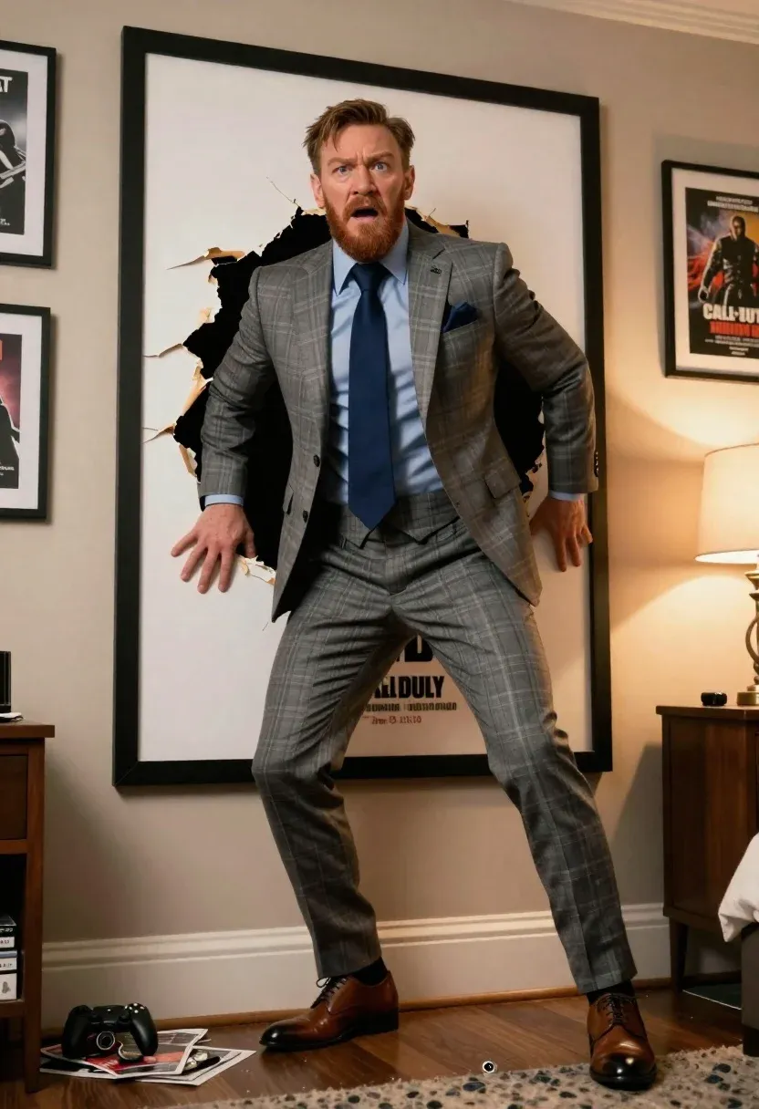 Bearded Man Grey Plaid Three-piece Suit Bursts Through Large Framed