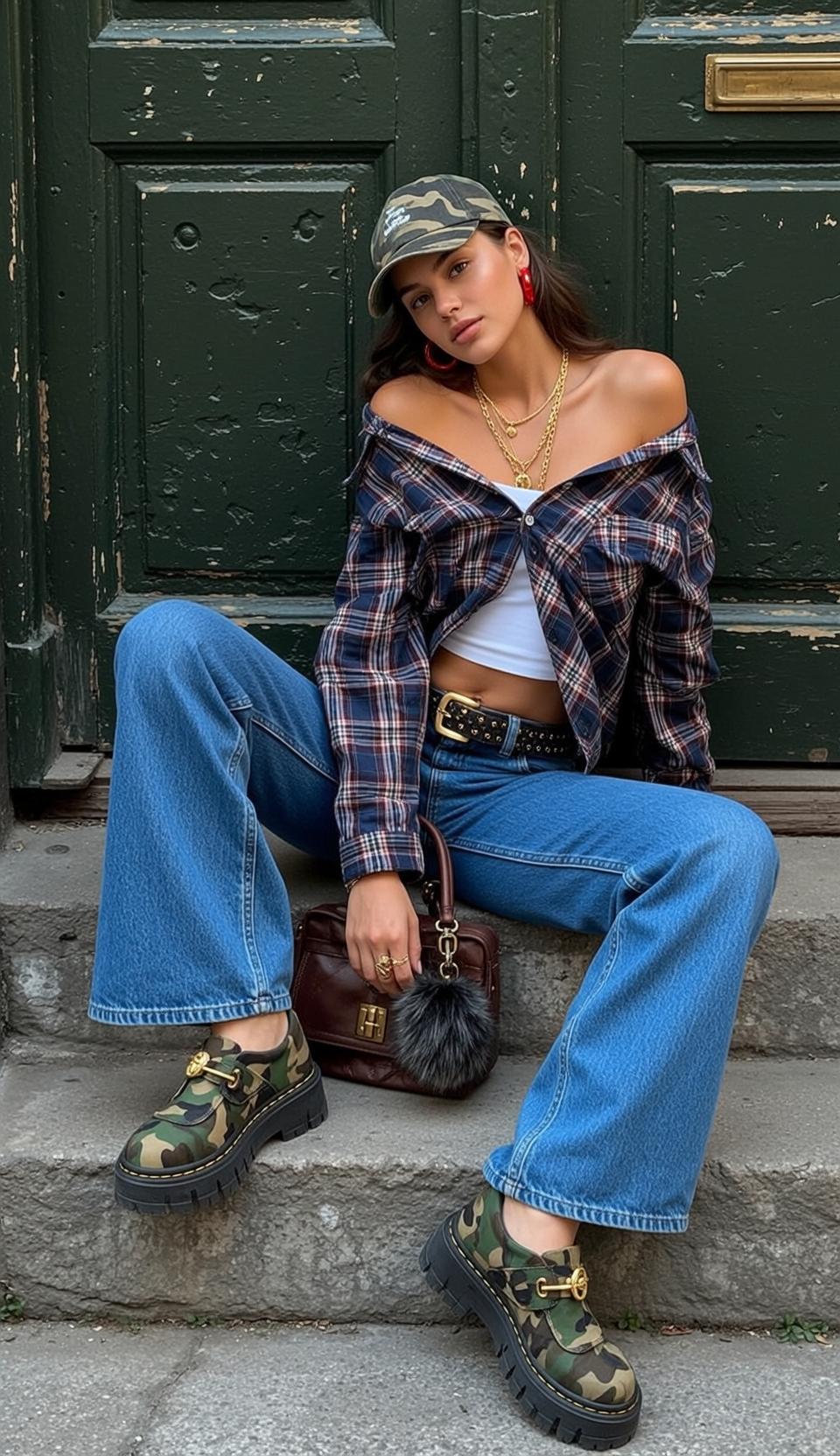Sitting On Stone Steps Plaid Shirt
