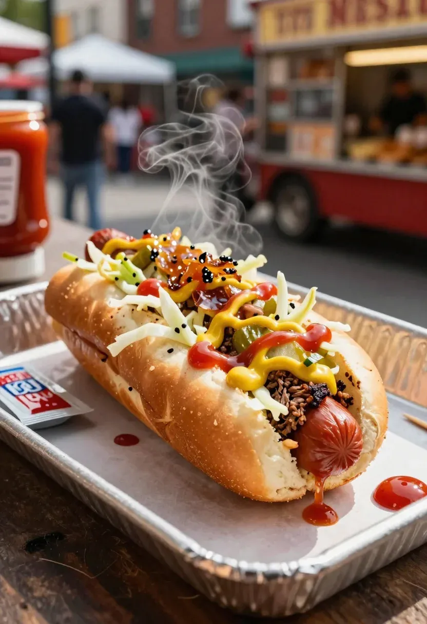 Food Photography Shot Loaded Hotdog With Street-cart Appeal And Bold