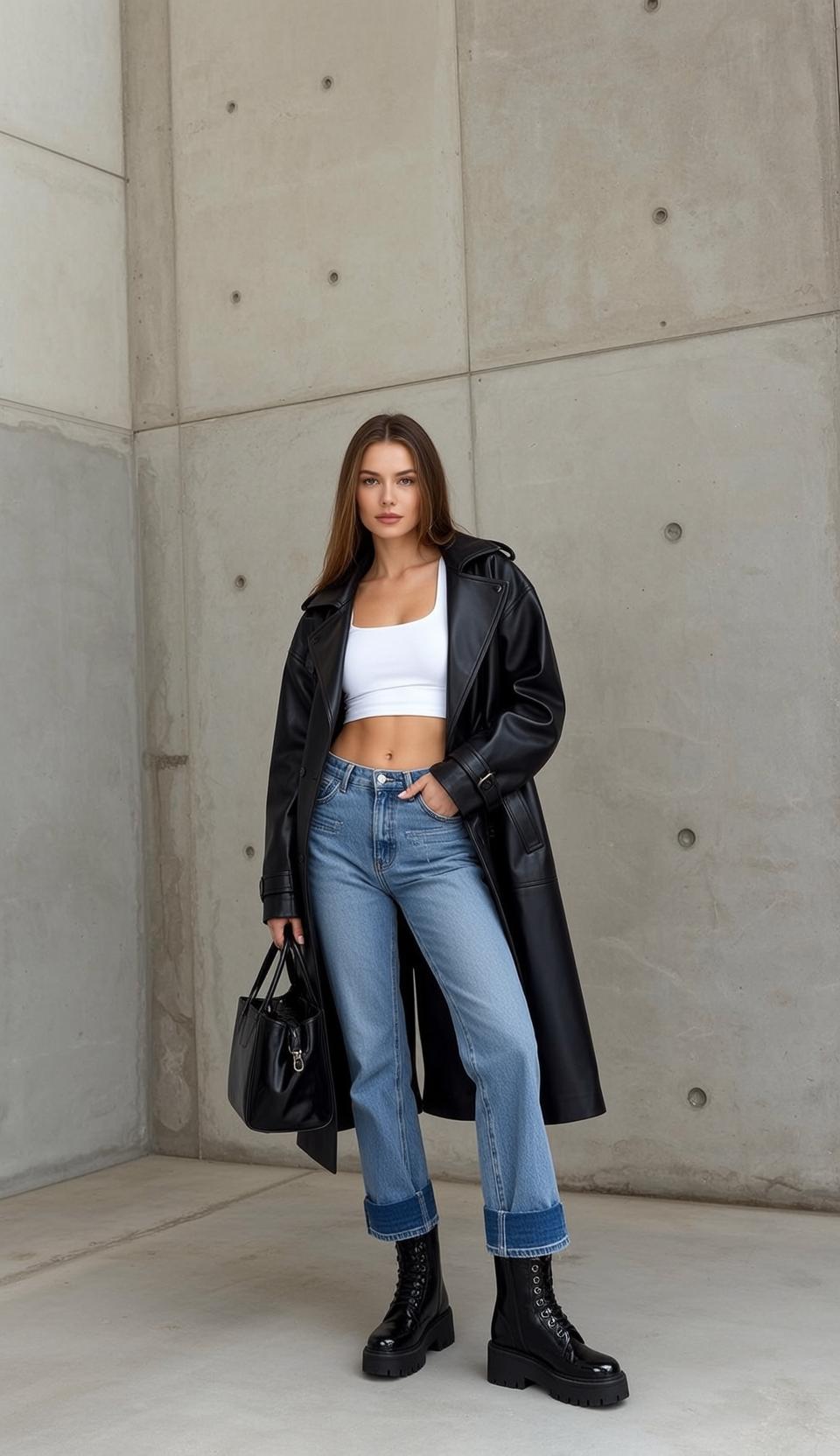 Urban Concrete Building Leather Trench Coat