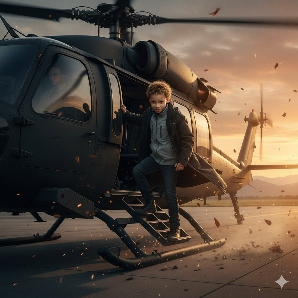 A confident individual entering a helicopter on a windswept airstrip during golden hour, wearing a dramatic techwear jacket.