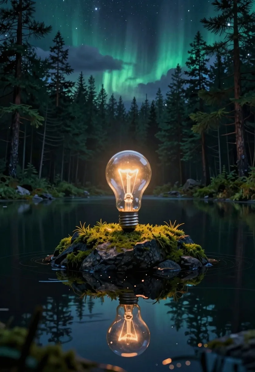 Digital Painting Surreal Fantasy Landscape Featuring Illuminated Lightbulb Resting Mossy reference photo