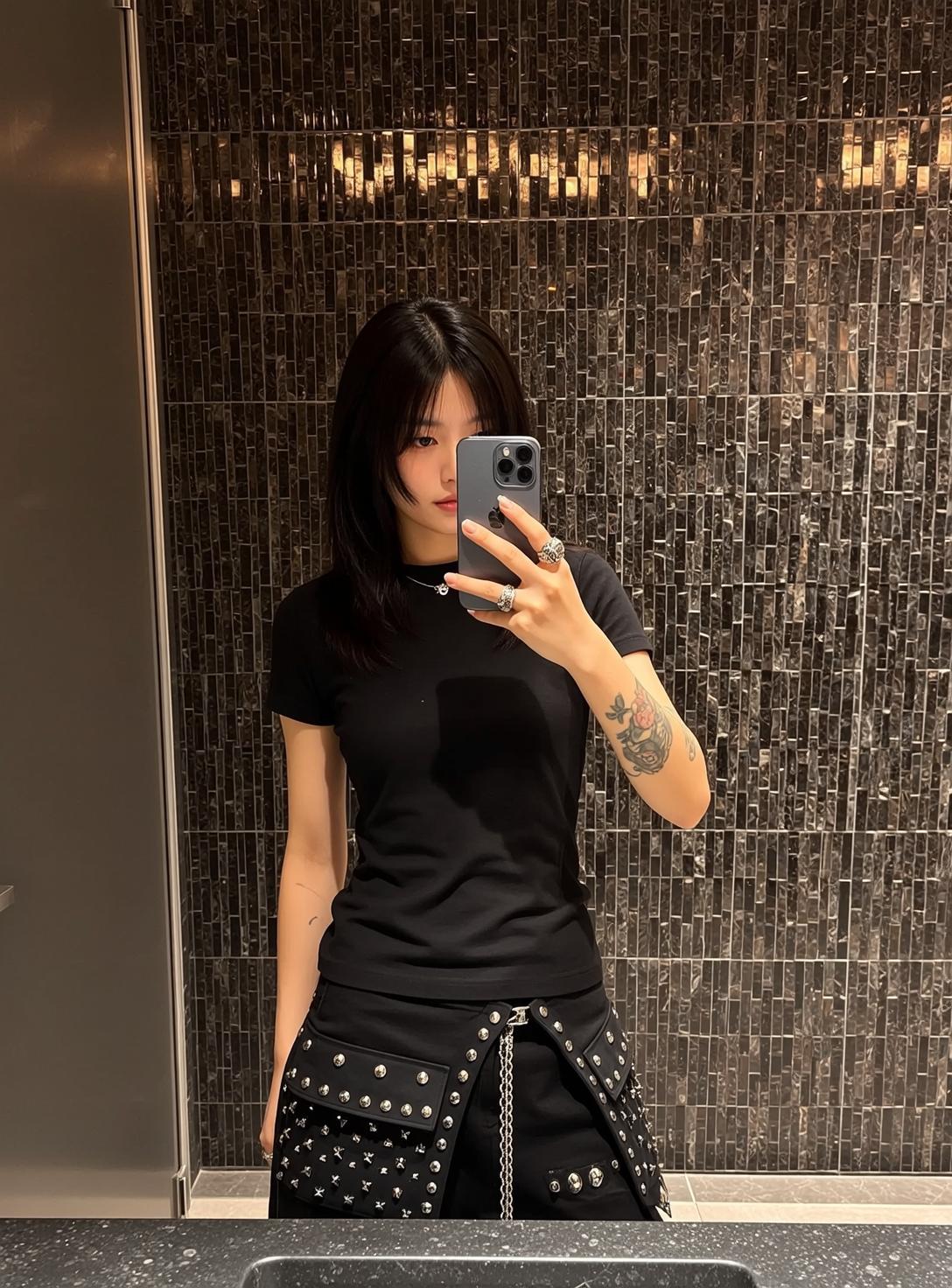 Stands Facing Forward Holding Smartphone Her 2