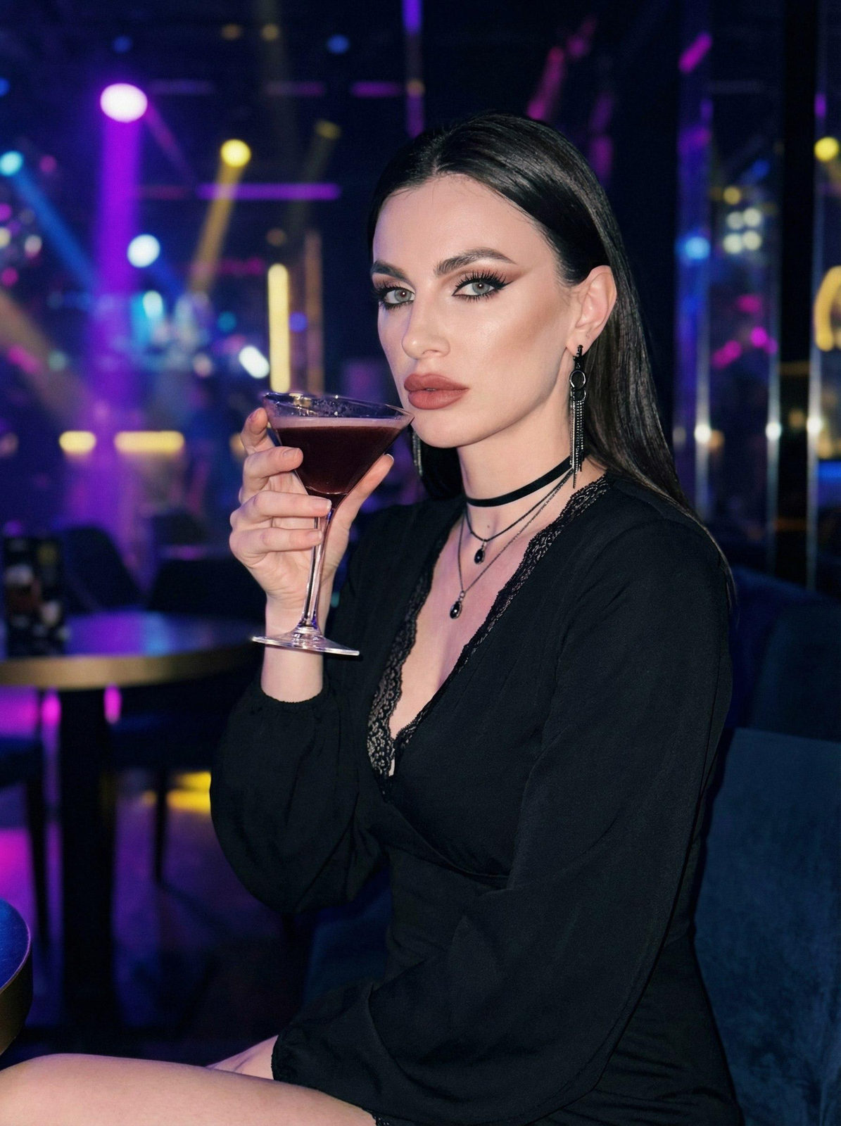 A photorealistic portrait of a woman in a nightclub, holding a burgundy drink, wearing a deep V-neck dress and long metallic earrings.