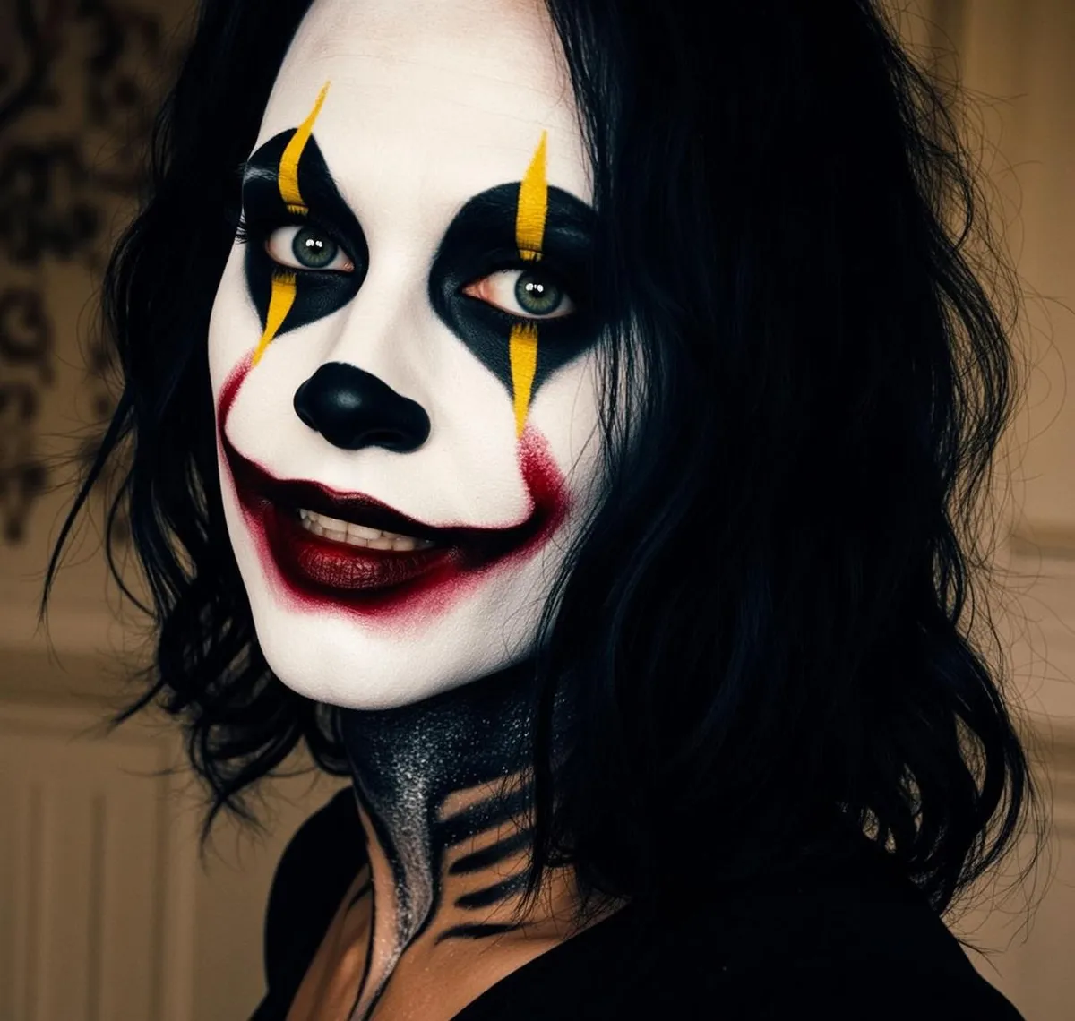 Halloween Makeup Clown Black Wavy Shoulder-length Pale