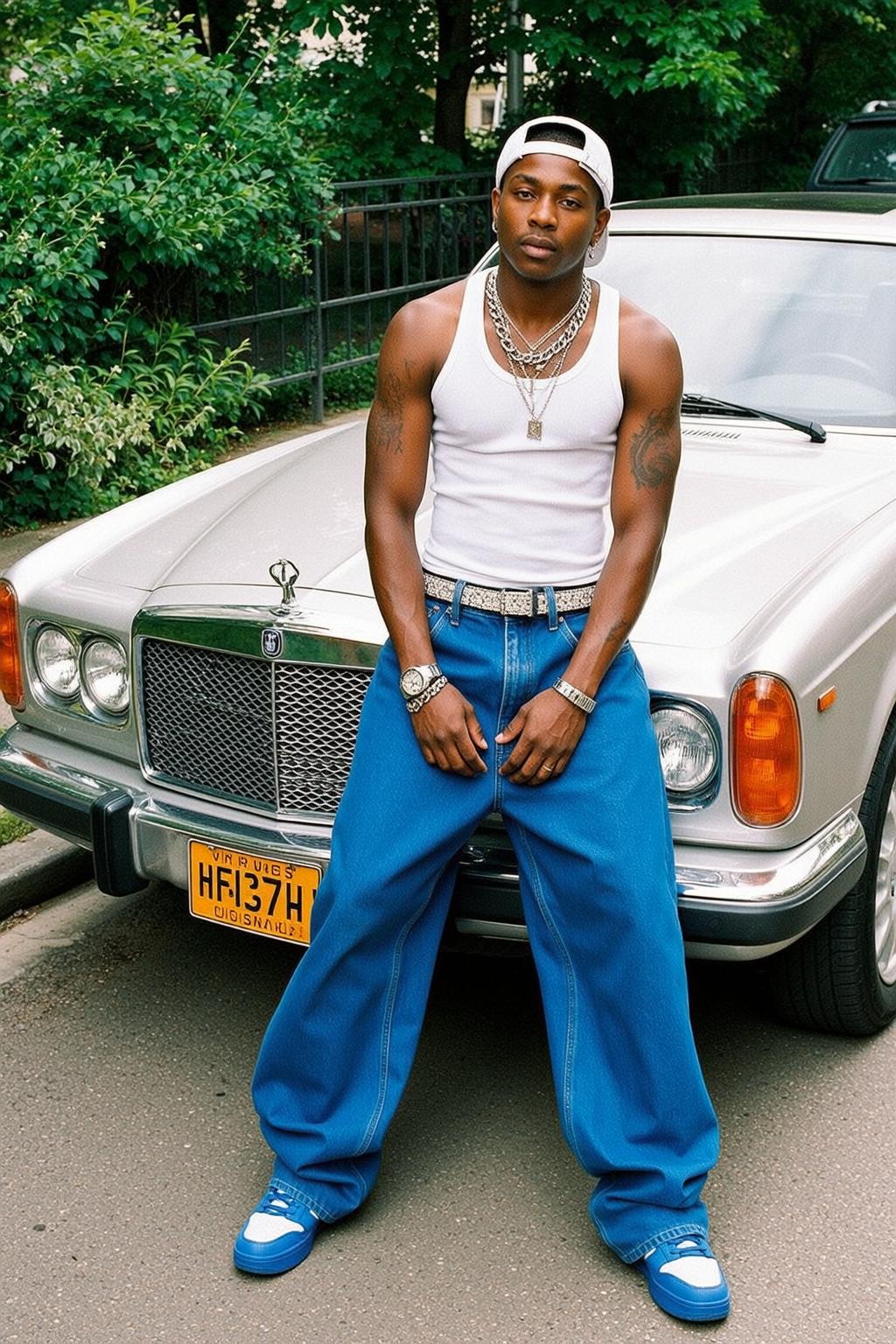 White Tank Denim Car Pose