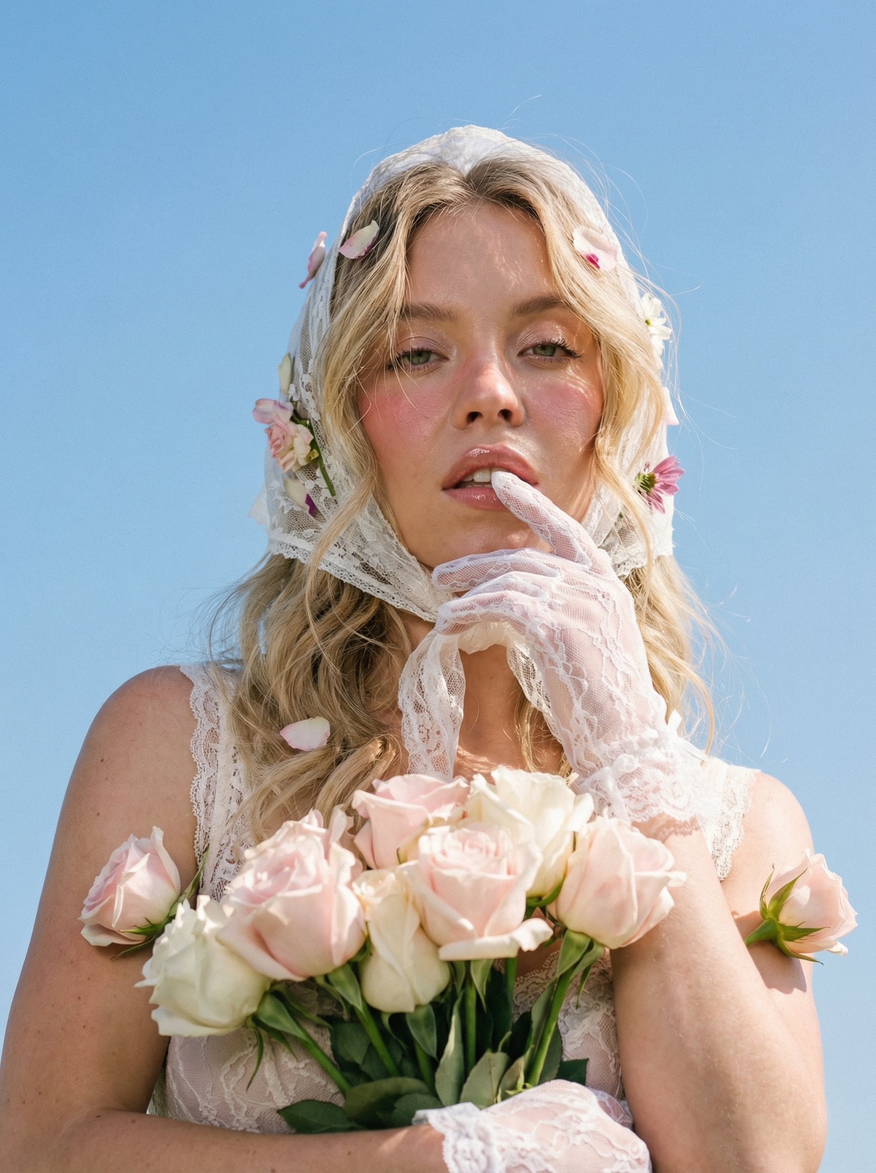 Bride With Rose Bouquet Blue Sky