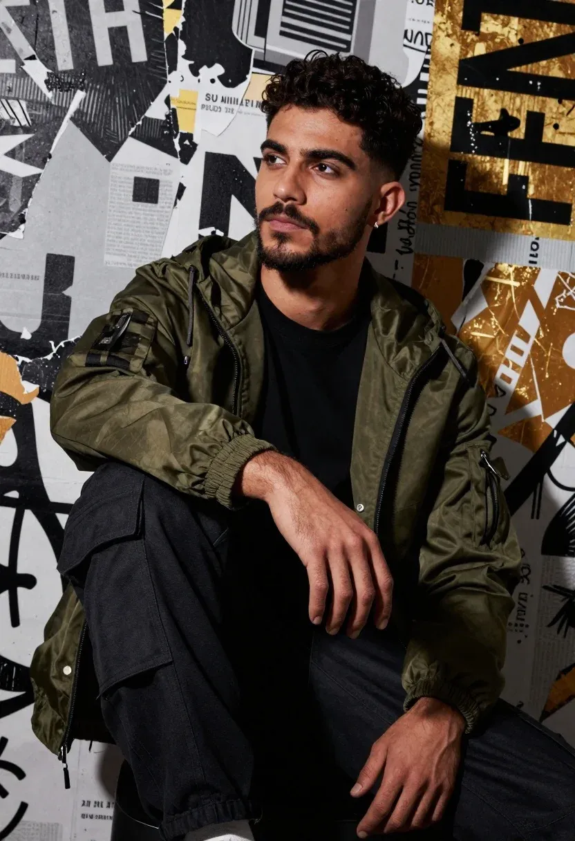 Confident Young Man With Dark Curly Hair And Beard Sits