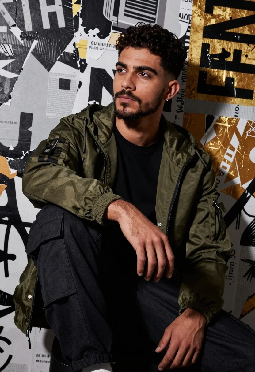 Confident Young Man With Dark Curly Hair And Beard Sits