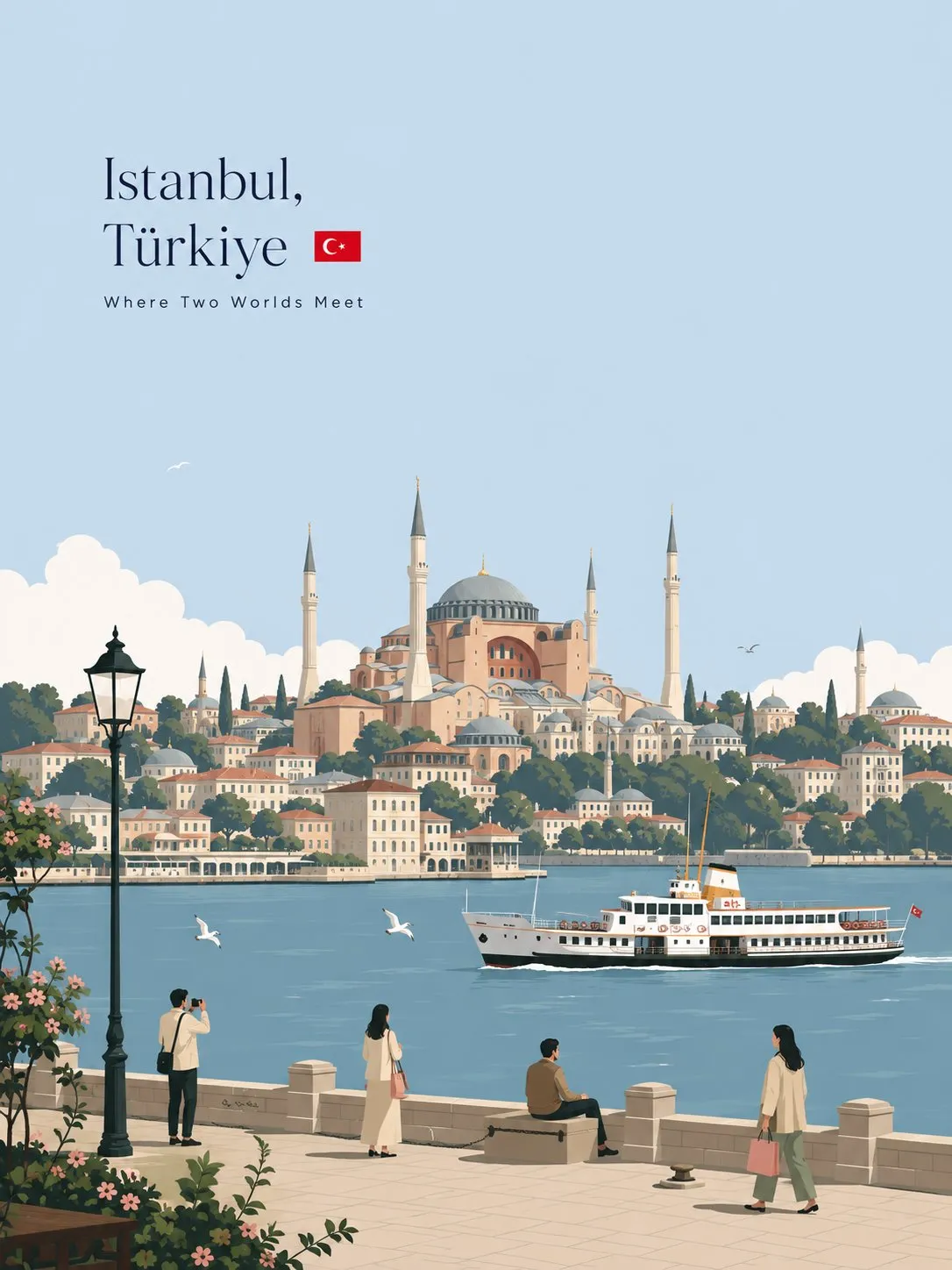 Istanbul Skyline Vector Illustration Waterfront Promenade Ferry