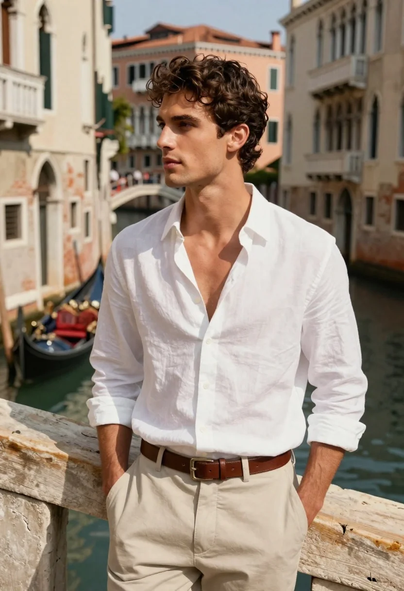Handsome Young Man With Dark Curly Hair Stands Leaning Against